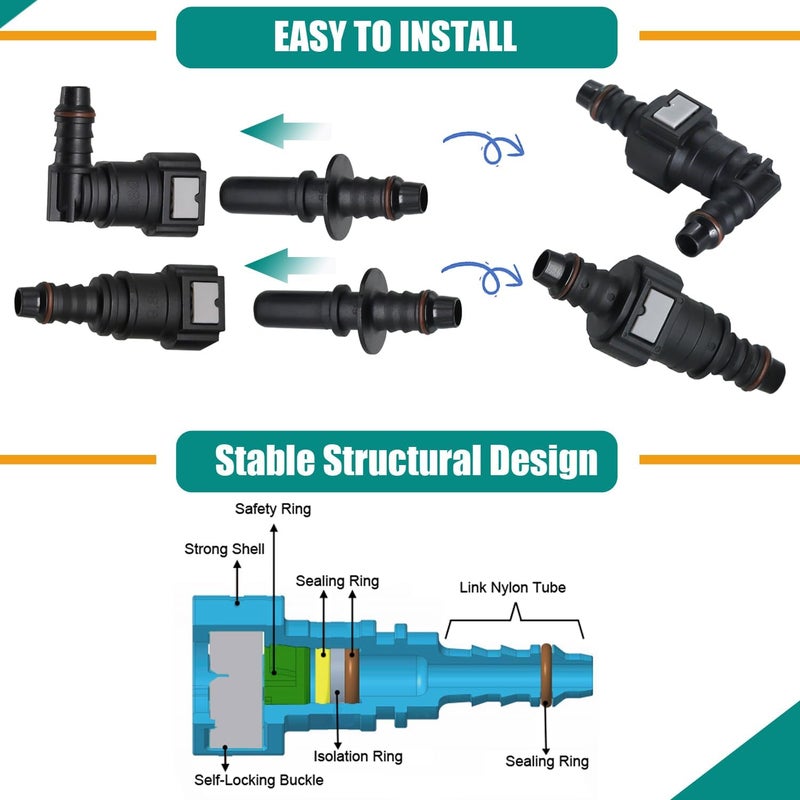 Dekiphox 2 Sets Fuel Line Quick Connect Fittings, Push-On Hose Release Connector Straight & Elbow Pipe Connectors SAE 9.89mm to ID 8mm - Image 5